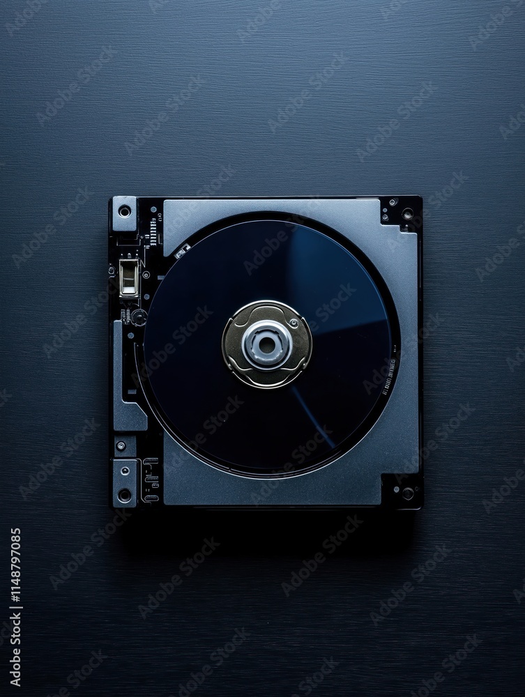 Poster high-angle close-up of hard disk drive. modern tech component isolated on dark surface. data storage