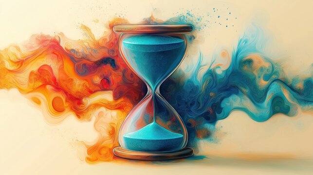 Vintage hourglass shows time passing. Swirling thoughts fill glass. Past present future interwoven. Mental psychology banner. Concept of life events flow, change. Memory recollection study. Sand