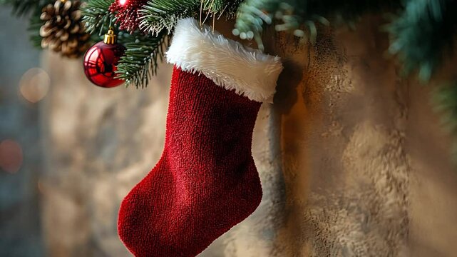 Red Christmas sock hanging on a wall, waiting for Santa Claus to fill it with gifts.