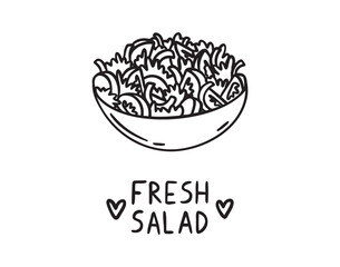 Fototapeta premium Bowl of salad doodle hand drawn icon. Outline drawing bowl of fresh salad line clipart symbol