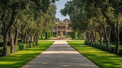 Grand estate driveway lined with trees and hedges leading to a mansion with a fountain.