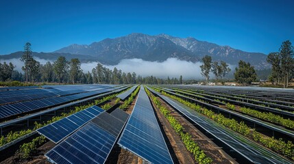 Fototapeta premium Vast solar farm at mountain base.
