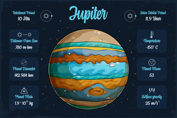 Hand drawn massive surface-less stripy Jupiter planet in space with its scientifical characteristic