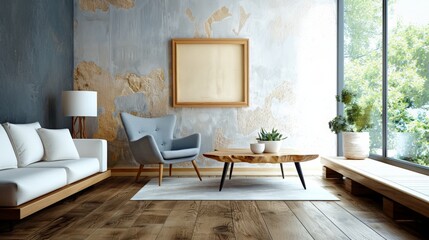 Fototapeta premium Stylish accent armchair next to grey wall. Natural Wooden coffee table, white sofa, bench. Wall with abstract blank frame. 