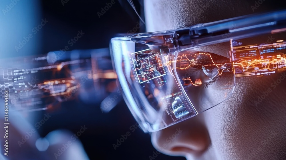 Poster close-up of augmented reality glasses displaying digital holographic interface with data and graphs.