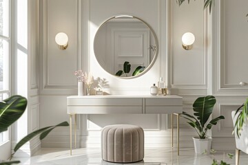 3D rendering of a small round mirror with a white frame on top and gold legs, two brass wall sconces, a large rectangular vanity table in a light gray color with a square countertop,