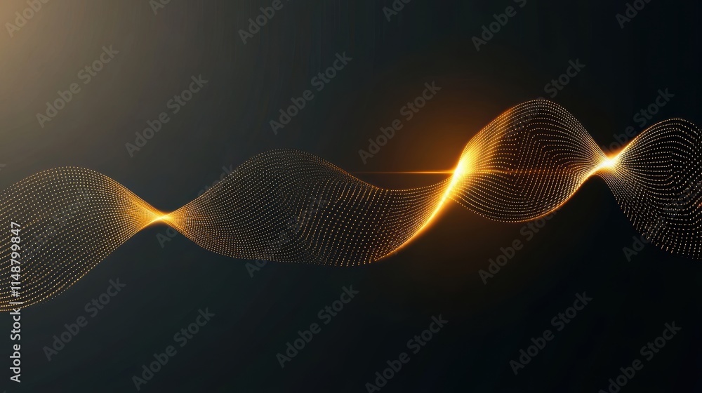 Poster abstract golden waves of light with dotted patterns on a dark background.