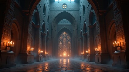 A grand hall with robed figures holding staffs, illuminated by golden chandeliers, as a magical blue lightning bolt descends from a glowing dome above. Generative, AI,