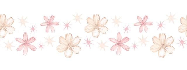 Watercolor seamless border with cute pink flowers and stars. Cute, gentle pink and beige border, pastel gentle colors. Design and decoration of banner, ribbons, tape, scrapbooking.