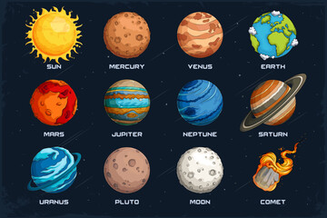 Hand drawn set of solar system planets with the sun and the moon and a comet in outer space universe © asgraphics13