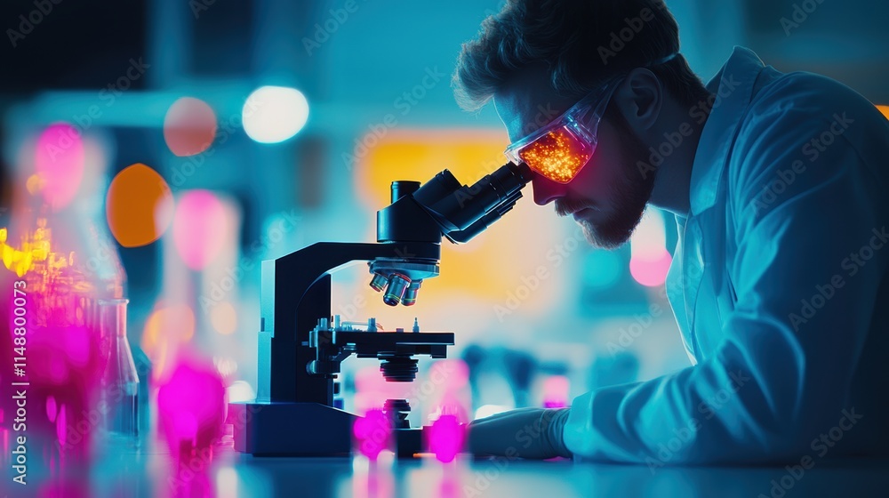 Aufkleber scientist using a microscope in a laboratory with vibrant colorful lights.