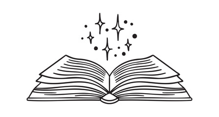 Open library book magic of reading, shining with stars doodle hand drawn icon. Outline drawing open book line clipart symbol