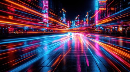 Vibrant city street at night with light trails.