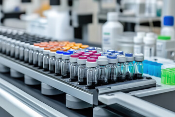 Obraz premium Scientific Laboratory Equipment Displaying Glass Vials and Reagents in a Modern Research Facility for Pharmaceutical Analysis