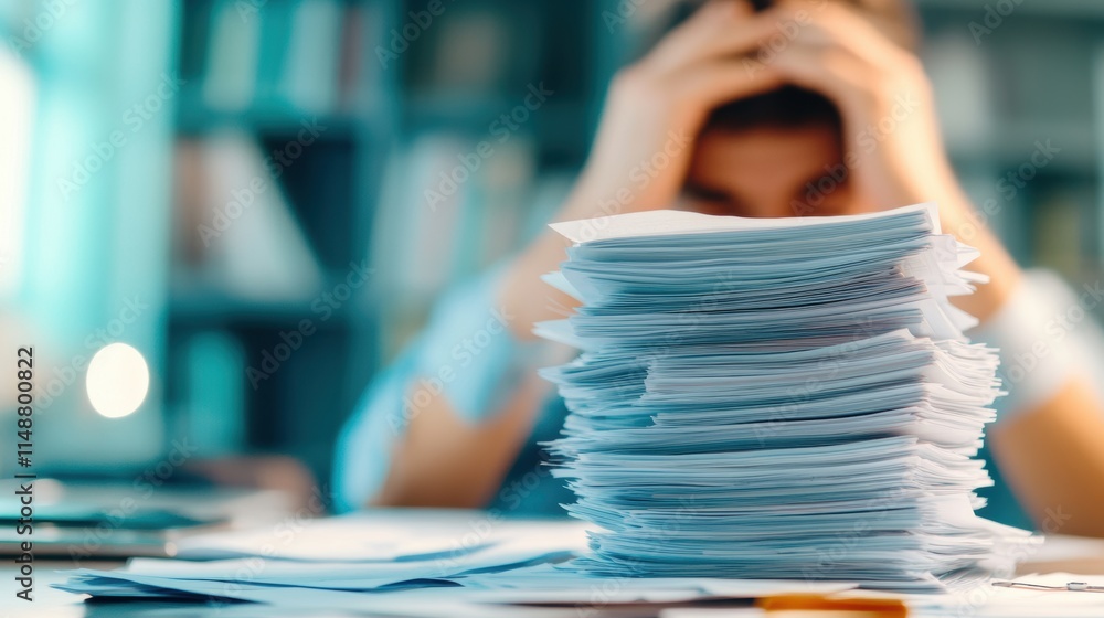 Poster stack of documents on a desk with a blurred stressed person in the background