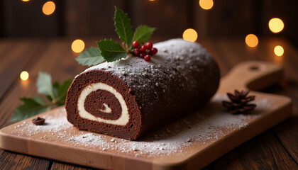 Festive Yule log cake with chocolate and cream filling, decorated with holly and pine on a wooden board