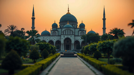 Stunning Mosque at Sunset with Fountains and Gardens