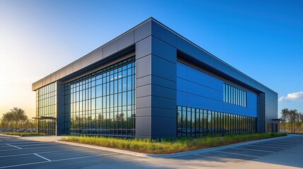 Fototapeta premium Modern office building with sleek blue, grey exterior. Contemporary design emphasizes natural light, green spaces. Commercial building in urban setting. Parking lot nearby. Focuses on eco-friendly