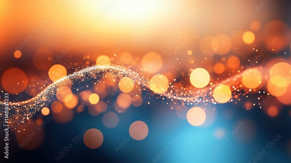 Poster abstract bokeh lights in orange and blue tones with sparkling particles on a blurred background.