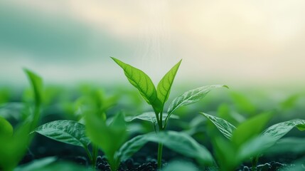 A fresh green sprout rises among lush foliage, symbolizing growth and vitality in a serene, natural environment.