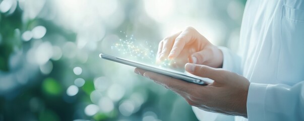 Hand interacting with a digital tablet, glowing network connections displayed on a bokeh green background.