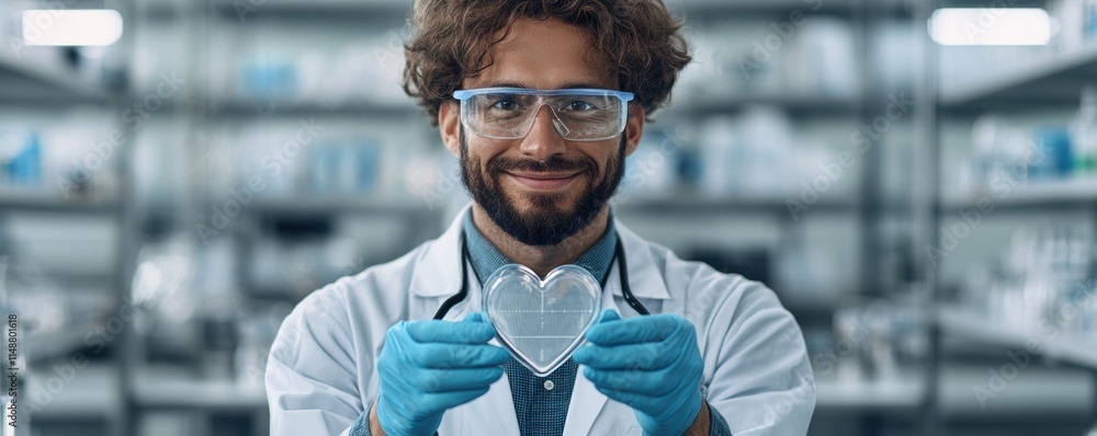 Aufkleber scientist in a laboratory holding a transparent heart-shaped object while smiling.