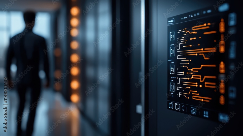 Aufkleber digital interface with orange circuits and icons on a high-tech panel in a blurred corridor backgrou
