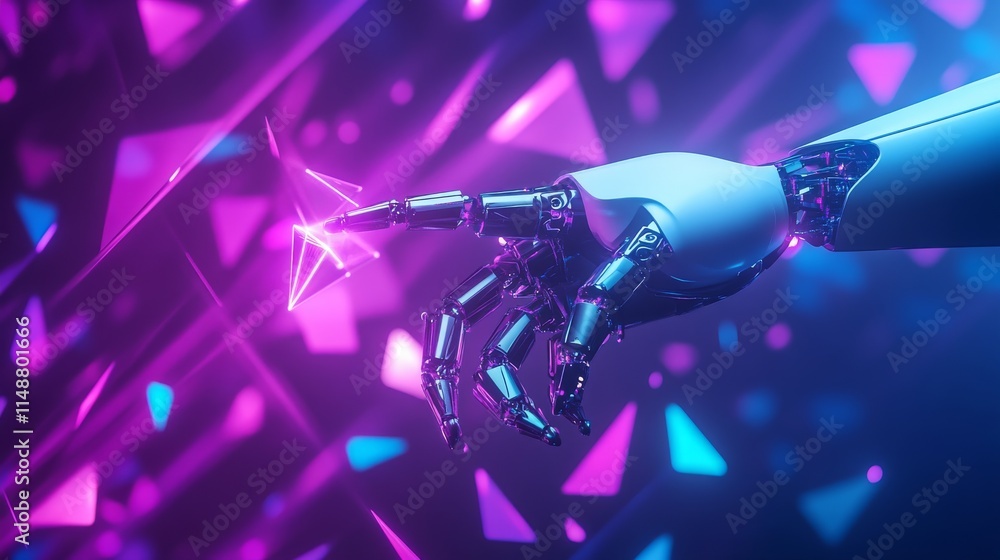 Aufkleber cyberpunk photo of artificial intelligence scene with a robotic hand holding and 3d triangles and pu