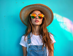 Fototapeta premium Chic Woman in White T-Shirt and Denim Overalls Posing with a Straw Hat Against a Light Blue Wall.