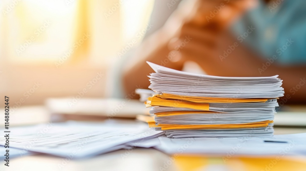 Poster stack of papers with yellow folders on a desk in an office setting. focus on document organization a