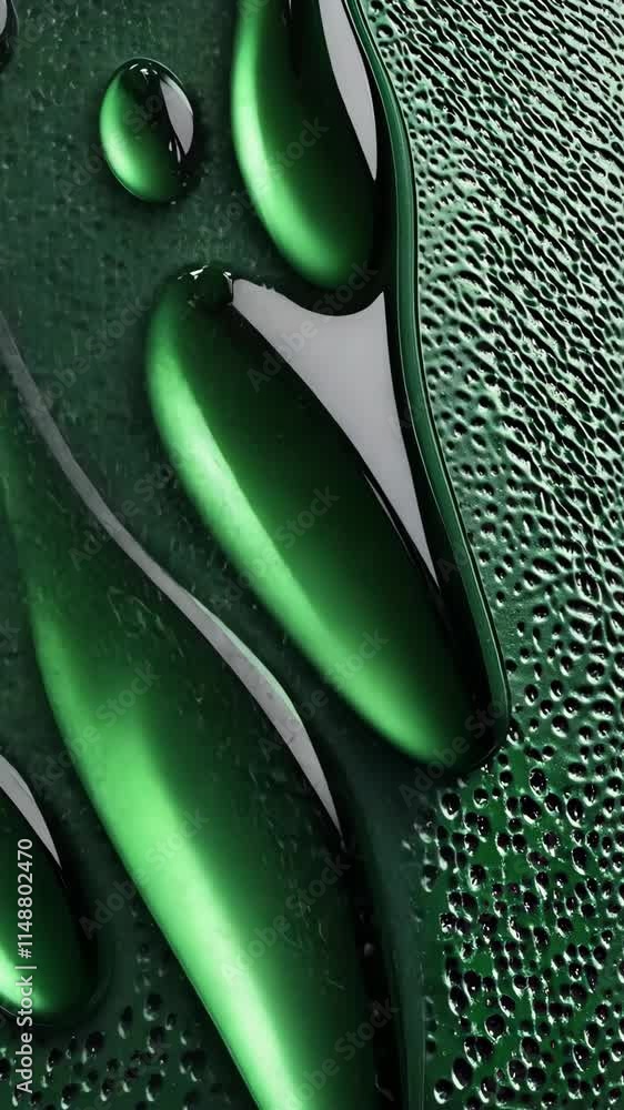 Poster Reflection of green water droplets on textured surface creating an abstract design with colors and shapes