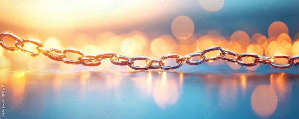Aufkleber golden chain links illuminated by soft warm light with bokeh background. close-up conceptual photogr