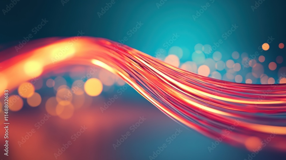 Poster red and orange flowing abstract lines with bokeh on blue background. dynamic lightwave concept.