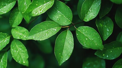 A close-up of vibrant green leaves adorned with droplets of water, showcasing freshness and natural beauty.
