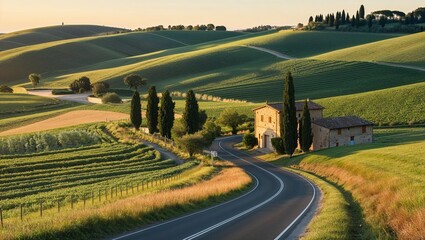Naklejka premium Rolling Hills of Tuscany, Italy at Sunrise, Captured in Beautiful Detail, Showcasing the Majestic Beauty of the Countryside Landscape