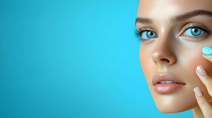Fototapeta premium Close Up Person Applying Eye Cream Glossy Background Eye Care Self Care Ample Copy Space