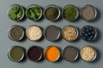 Photo of vibrant fresh fruits, vegetables, and superfoods like avocados, kale, blueberries, and quinoa arranged on a table with a gray background, symbolizing healthy eating