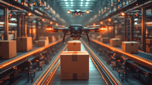 Robotic drones managing automated warehouse logistics in a high-tech facility