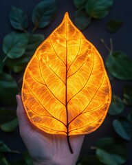 A glowing, translucent leaf held in a hand, surrounded by green foliage, showcasing a vibrant orange light that highlights its intricate veins.