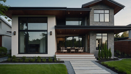 Fototapeta premium Contemporary two-story home with gray stone and white siding. Features large windows, a covered patio with outdoor seating, and landscaping. The design is modern with clean lines.