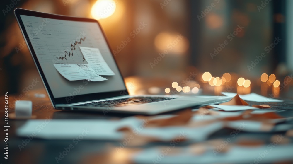 Poster open laptop with financial data and graphs on the screen surrounded by documents on a wooden desk wi
