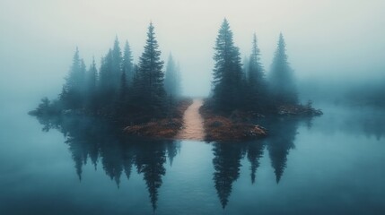 A serene misty landscape featuring an island of trees reflecting in calm water.