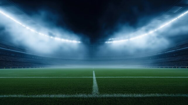 Empty rugby stadium at night shrouded in fog. Bright stadium lights illuminate misty field. Seating areas dark, empty. Calm, atmospheric scene. Sport event at night in arena. Professional sporting
