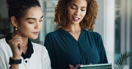 Women, tablet and team on finance in workplace, budget plan and online for economy research....