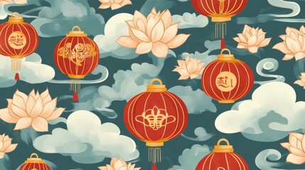 Festive lanterns and lotus flowers cultural celebration graphic design serene environment artistic viewpoint harmony concept