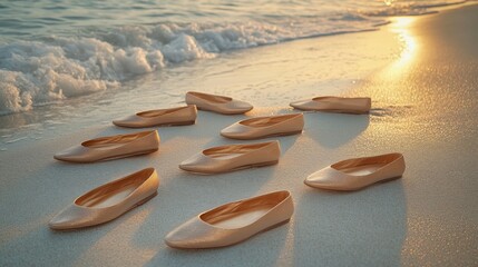 Obraz premium Elegant Mocha Mousse flats on a sandy beach during sunset with ocean waves