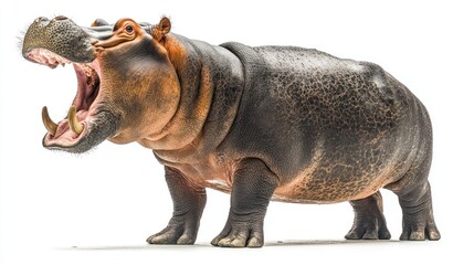Naklejka premium Hippopotamus roaring with mouth wide open, isolated. (2)