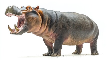 Fototapeta premium Hippopotamus roaring with mouth wide open, isolated. (1)