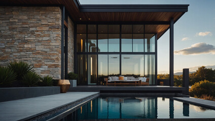 Fototapeta premium Modern Home with Infinity Pool and Stone Exterior