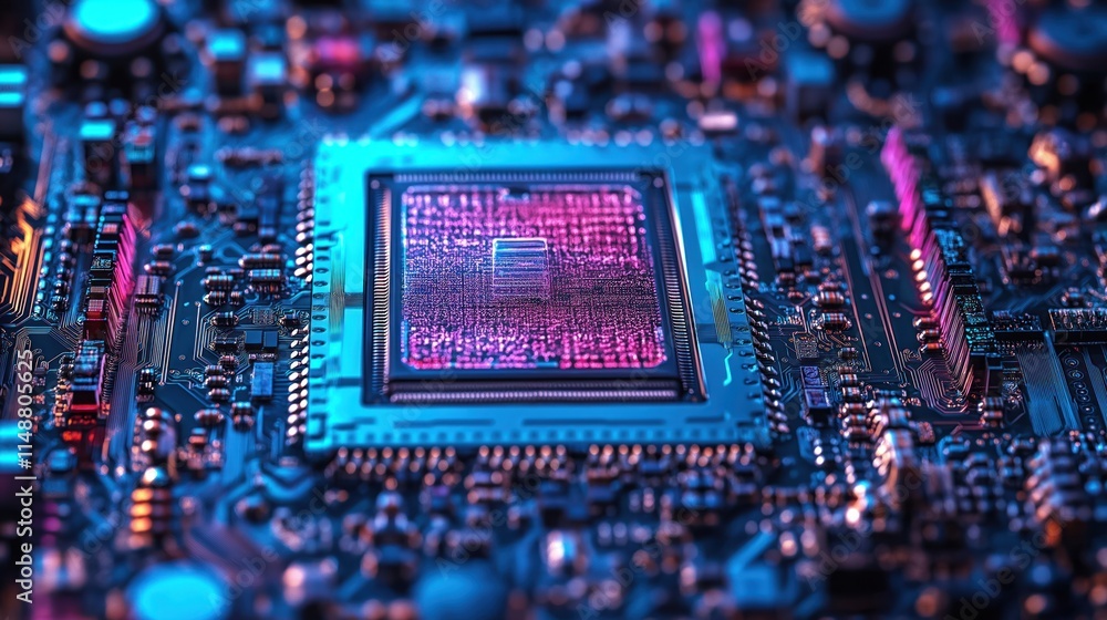 Poster extreme close-up view of quantum processor chip. superconducting qubits, quantum computing architect